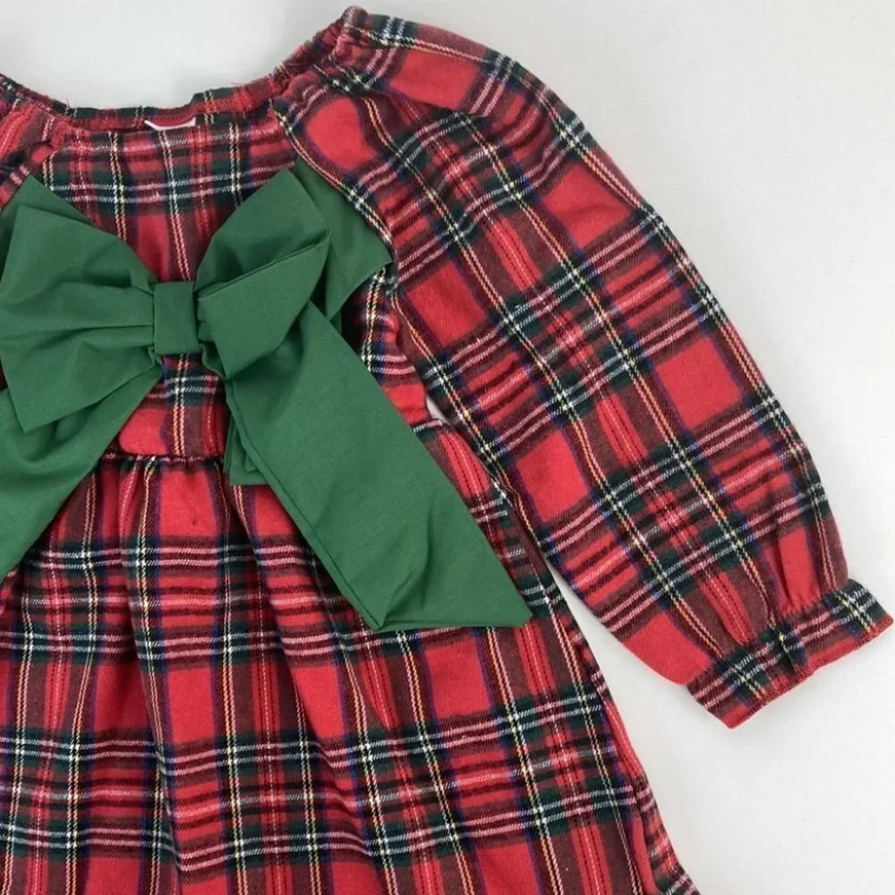 Girls Plaid Holiday Christmas Dress with Bow Detail 3Y - Picture 2 of 6